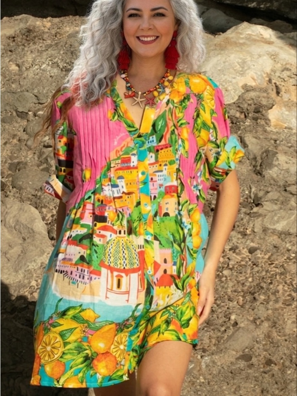 Antica Sartoria 2026 Positano Vibrant Citrus Print Dress - Pink & Yellow S/M